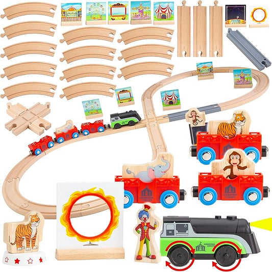 Wooden Train Set Magnetic Battery Operated Train Car with Wooden Tracks | Electric Lighted Train + Sound Track | Safari Circus Animal Compatible Thomas Brio for Grandkids Kids Toddlers