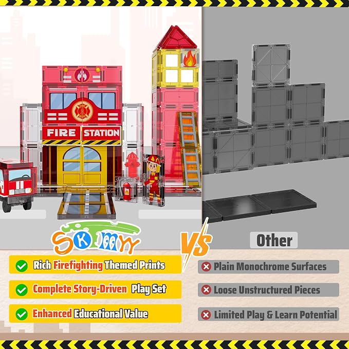 Fire Station Magnetic Tiles for Kids, Building Toys for Kids Ages 4-8 with Fire Truck, Firemen, Road Magnet Tiles STEM Magnetic Blocks for Kids Ages 4-8, Building Toys for 3+ Year Old Boys Gifts
