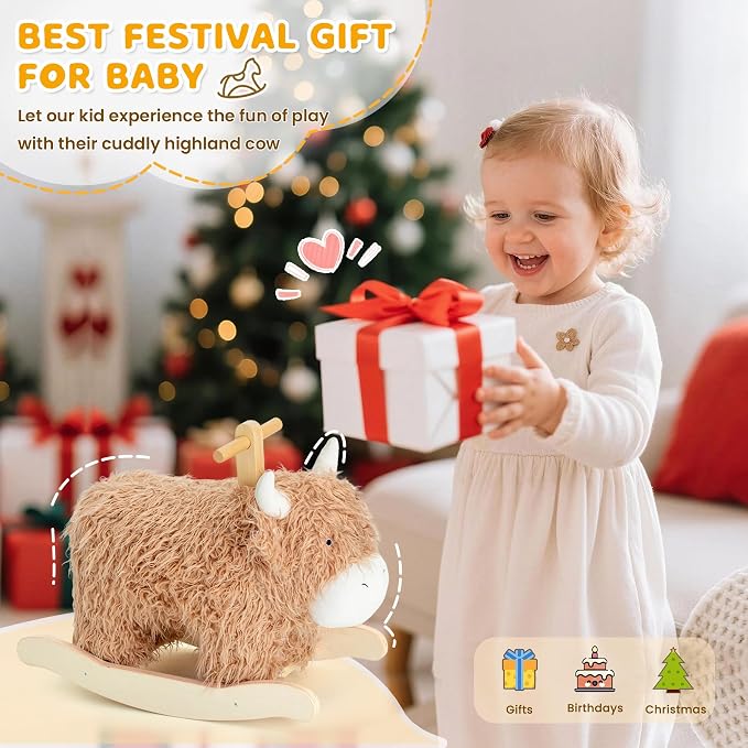 Baby Rocking Horse for 1 Year Old,Wooden Cow Animal Rocker Ride-on Toy Plush Wooden Rocking Toy for Nursery Playroom Indoor Wooden Rocking Horse Balance Seat with Handles Birthday Party Shower Gift