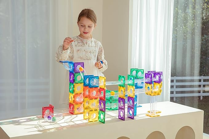 MEGAGONTILES Marble Run Magnetic Tiles Set 120PCS | STEM-Authenticated Magnetic Building Blocks with Marble Track Pieces | Educational Construction Toy for Kids Ages 3–8 (Boys & Girls)