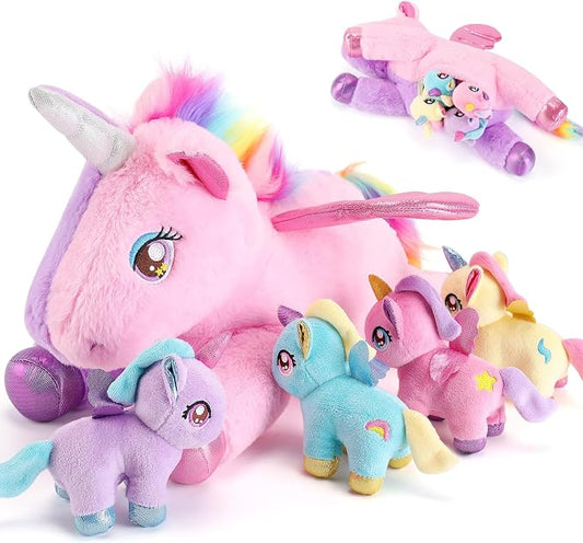 gnomantic Unicorn Stuffed Animals with Babies Inside, Mommy Toy for Kids | 5-Piece set: 1 mommy unicorn + 4 baby unicorns inside. Unzip belly to reveal surprise babies. Ultra-soft, ages 3-8.