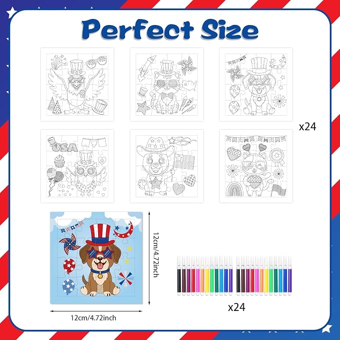 Fennoral 24 Pack 4th of July Craft Kit for Kids Color You Own Cute Animal Patriotic Jigsaw Puzzle with Base DIY Coloring Independence Day Art and Craft for Classroom Activity Party Favor,4.7inch
