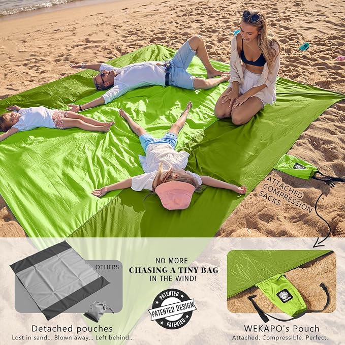 WEKAPO Beach Blanket Sandproof Waterproof, Extra Large Beach Mat, Oversized & Compact Sand Free, Quick Drying Beach Essentials for Vacation, Cruise, Picnic & Camping with Stakes