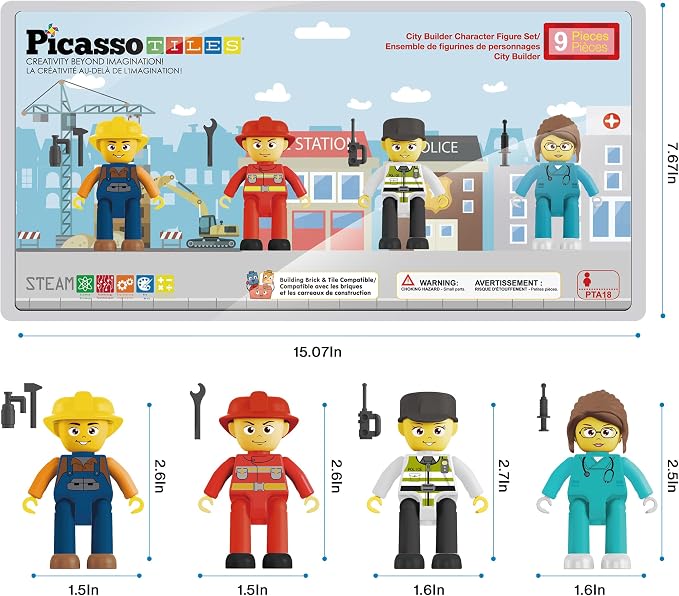 PicassoTiles Magnetic Tiles Action Figures 4 Piece City Characters for Magnet Tile Building Blocks Accessory Add On Pack Construction Block Set Toddler Toy Educational Learning Kit Age 3 and up PTA18
