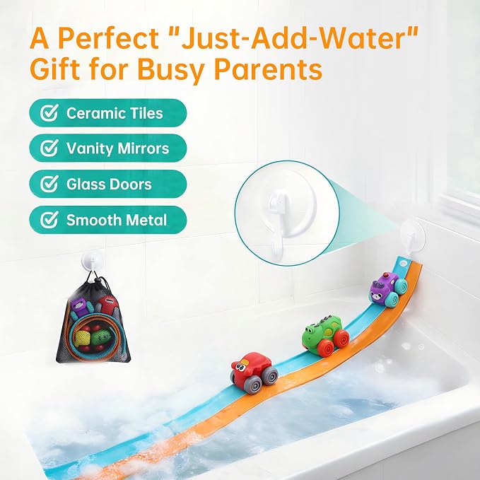 Resosese Race Car Bath Toys Set, 8-Piece Extra Long Flexible Bathtub Track Set with 4 Mini Cars, Suction Cups & Mesh Storage Bag, DIY Water Slide Toy Gift for Boys Girls Ages 3+