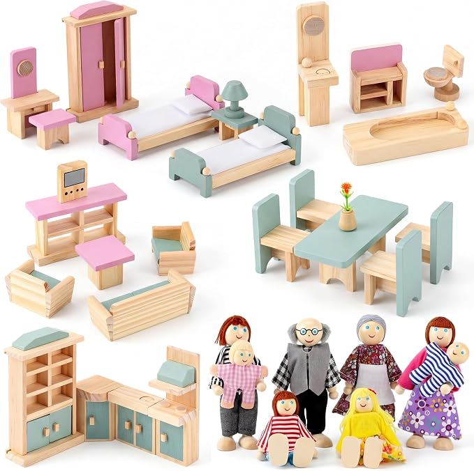 Sumind 35 Pcs Wooden Dollhouse Furniture Set with 8 Family Figures, 1:12 Scale Miniature Dolls House Accessories for Kitchen, Bedroom & Bathroom, Montessori Educational Toy Gift for Girls and Boys