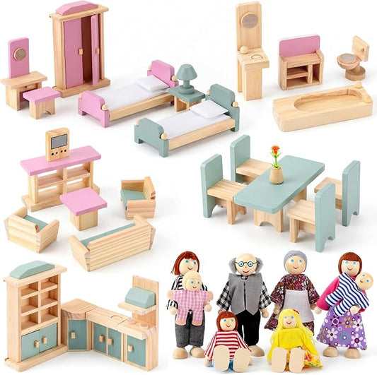 Sumind 35 Pcs Wooden Dollhouse Furniture Set with 8 Family Figures, 1:12 Scale Miniature Dolls House Accessories for Kitchen, Bedroom & Bathroom, Montessori Educational Toy Gift for Girls and Boys