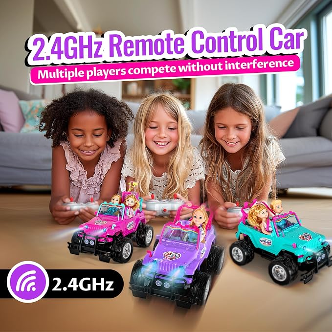 ULOVEME Purple Je ep Remote Control Car for Girls with 5.5" Doll & LED Lights, 2.4GHz Off-Road Trucks, 1:16 Scale Remote-Control Toy Car Holds 2 Dolls (Purple Car)