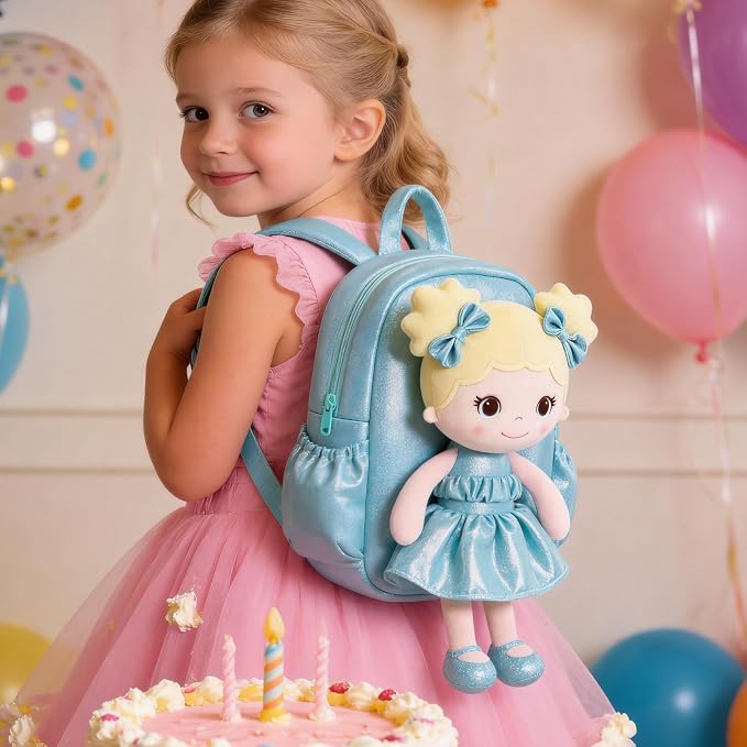 Lazada Toddler Backpack - Baby Girl Gifts Curly Fingerprints Plush Doll Dress Backpack - Fashion Girls Curly Rolled Fingerprints Series - Lake Blue 11 Inches