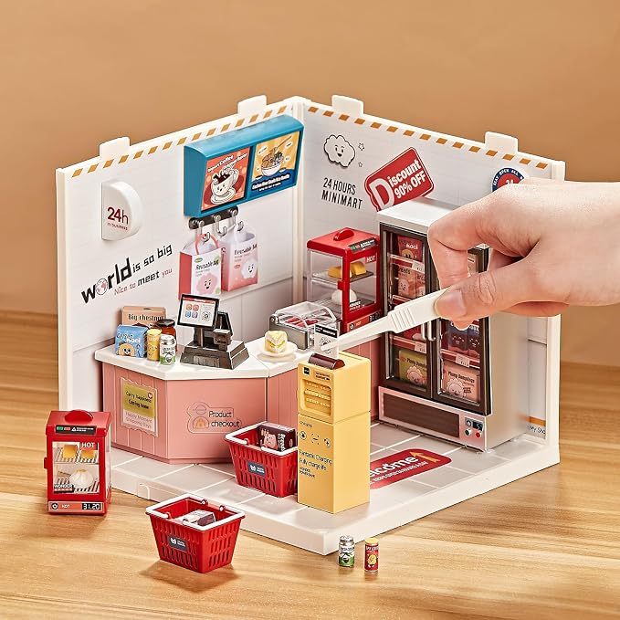 Miniature DIY House Kit Convenience Store – 92Pcs 1:24 Scale Dollhouse Mini-Mart Corner Store Shop with LED Light, Realistic Snacks & Connectable Base for Kids 8+ and Hobbyists