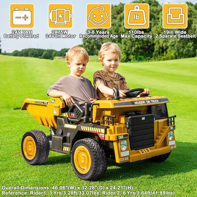 NEWQIDA 24V Ride on Dump Truck, Electric Car for Kids with Remote Control, Kids Ride on Toys Construction Vehicles w/Electric Dump Bed, Shovel, Powerful Motors, EVA Tires, Soft Start, 2 Seater, Yellow