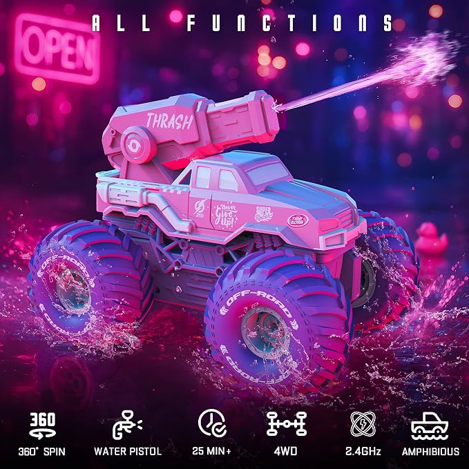 BEZGAR Amphibious Remote Control Car for Girls - Pink Monster Truck Toys 1:16 RC Boats 2.4GHz Waterproof Tank with Shooting Water Pistol, 4WD All-terrian Off-Road Pickup Outdoor, Girls Kids Gifts