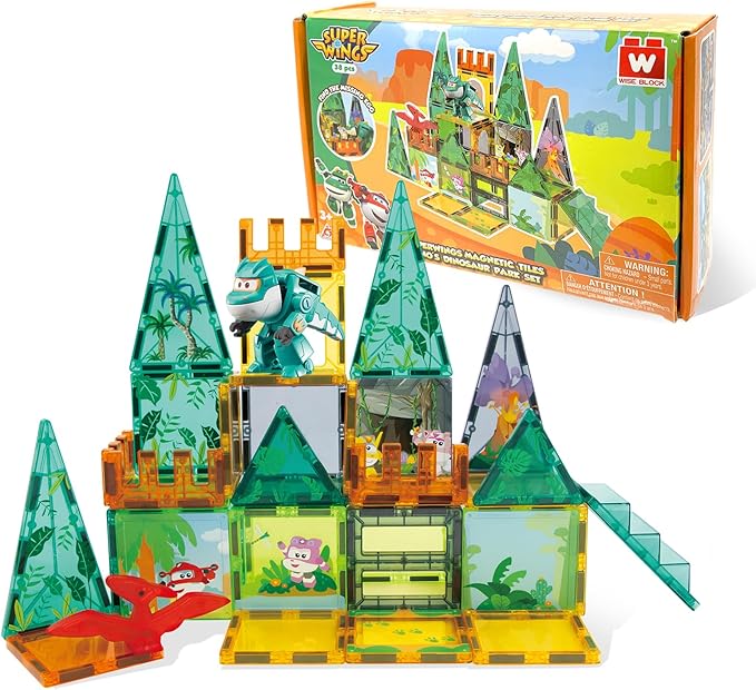 Magnetic Tiles with Tino Dinosaur Transformable Toy, STEM Building Blocks for Kids Ages 3-8, Travel Magnet Construction Set, Educational Dino Toys for Boys Girls Preschool Learning
