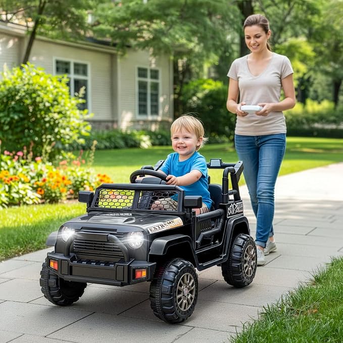 Winado 12V Electric Car for Kids, Ride on Truck for Toddlers with Remote Control, Battery Powered Kids Electric Vehicle to Drive w/Bluetooth, Soft Start, LED Lights - Black