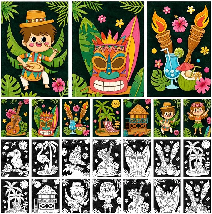 Cinrobiye 48 Pcs Hawaiian Velvet Coloring Posters Tropical Luau Fuzzy Felt Coloring Pages Bulk Craft Kit Flamingo Pineapple Tiki Ocean Party Supplies Aloha Beach Classroom Living Art Activity Set