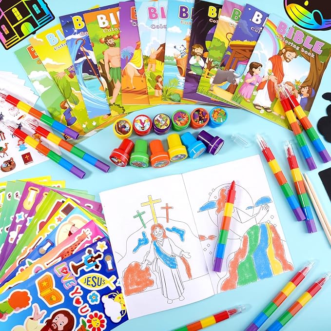 BenLouis Bible Party Favors Christian Inspirational Verses Coloring Set Gift Prizes Bulk for Kids Operation Christmas Child Sunday School Religious Activities Goodie Bag Stuffers（12set Christian）
