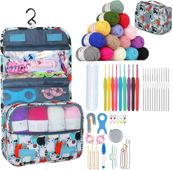 Aeelike Crochet Kit with Bag for Travel, Easy Learn to Crochet Kit for Beginners All Age,69pcs Crochet Starter Kit Include Crocheting Instruction, 21pcs Crochet Hooks,15pcs Yarn and Storage Bag