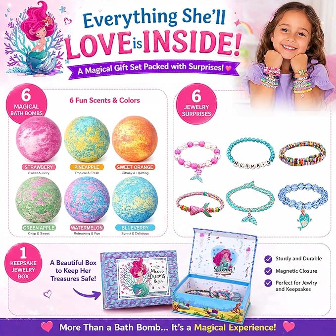 Bath Bombs for Kids with Surprise Inside, Mermaid Bath Bombs for Girls with Jewelry & Jewelry Box for Kids Organic, Skin Moisturizing, Natural Bubble, Birthday Gifts for Boys, Girls