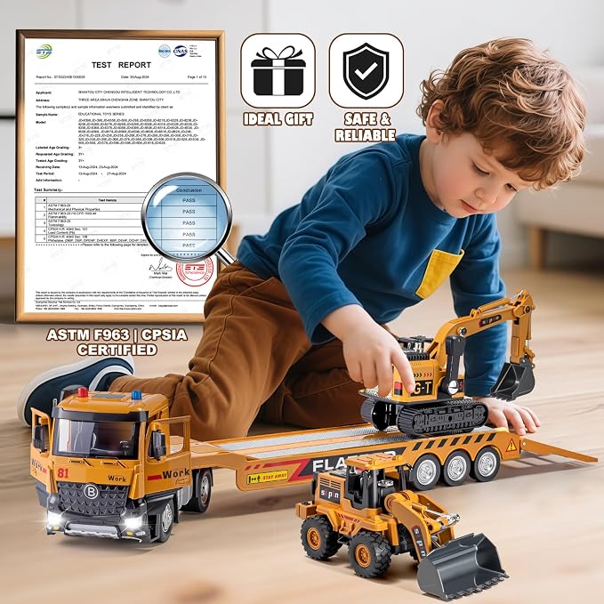 Kids Construction Toy Set Metal Cab, Semi Truck, Excavator, Bulldozer, Die-cast Engineering Construction Vehicles Truck Toys with Lights & Sounds, Ideal Gift for 3 4 5 6 7 Years Old Boys Toddlers