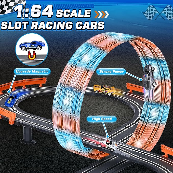 Slot Car Race Track Sets with 4 Slot Cars, Ideal Birthday Xmas Gifts Toys for Kids Boys Ages 6 7 8-12, Battery or Electric Race Car Track Set with Dual Racing Game, Flash Circular Track, Lap Counter