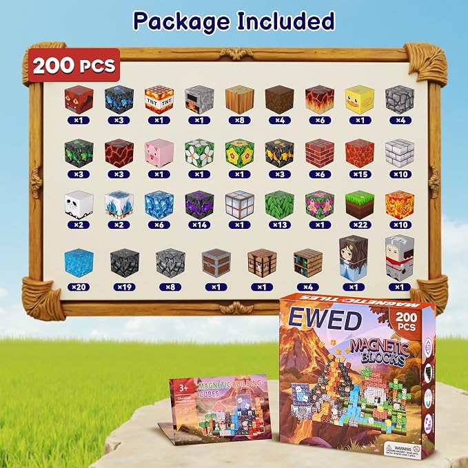 200PCS Magnetic Blocks, Magnetic Building Blocks Cubes Tiles, STEM Educational Stacking Magnets School Game Toys for Kid Ages 3 4 5 6 7 8 9 10 11 Birthday Party Supplies Gifts for Boys and Girls
