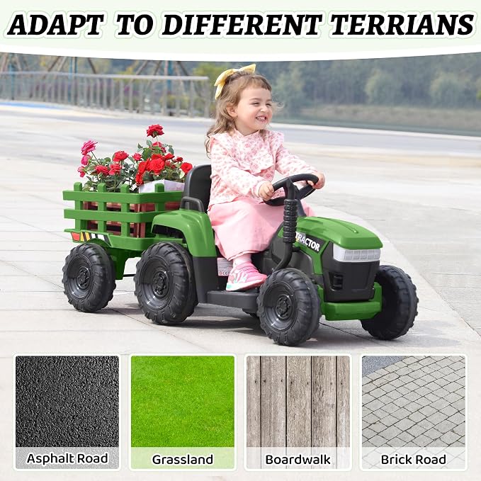 TOBBI Kids Electric Ride On Toy Tractor, Toddlers 12V Battery-Powered Car to Drive, 35W Dual Motor 6-Wheels Trailer Vehicle with 3-Speeds/LED & Horn Functions for Chirdren Aged 3-8-Dark Green