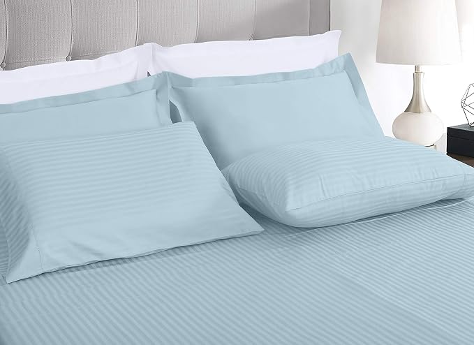 Threadmill 100% Cotton Sheets for Cal King Size Bed - 600 Thread Count Cal King Bed Sheets Set with 16” Deep Pocket - Damask Stripe Sateen Weave 4-Piece Bedding Set with Cooling Effect, Blue