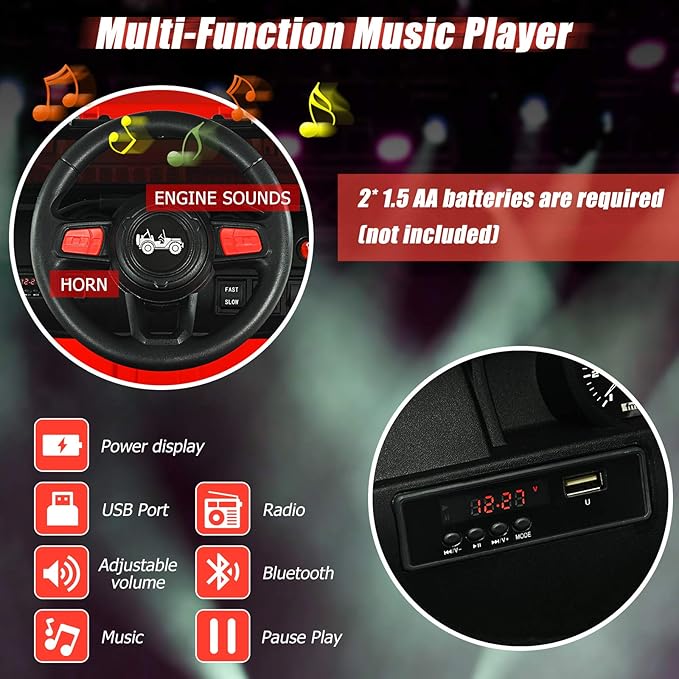 INFANS Kids Ride on Car Truck with 2.4G Remote Control, 12V Battery Powered Electric Cars for Kids w/3 Speeds, Battery Display, LED Lights, Safety Belt, Music & Horn, Bluetooth/FM/USB (Red)