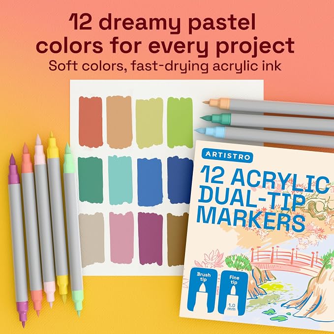 ARTISTRO 12 Pastel Acrylic Paint Markers - Paint Pens for Drawing - For Fabric, Rock, Glass, Wood, Molds - Arts & Crafts Gift for Adults, Teens, Kids, Classroom Must Haves & School Supplies