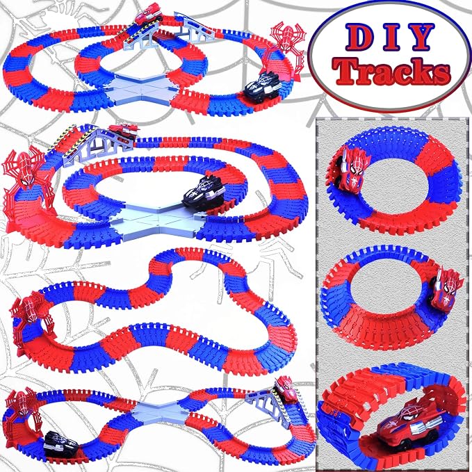 Spider Toys for Kids, 221 PCS Boys Spider Race Track with 6 Alloy Cars Toys, DIY Monster Truck Flexible Tracks for 3 4 5 6 Year Old Toddler Birthday Party Favor Gift