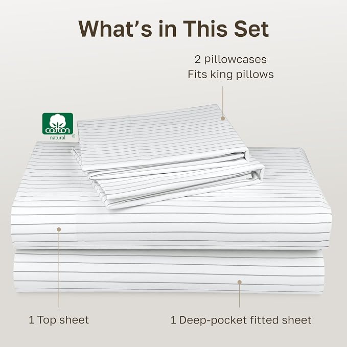 California Design Den Soft Cotton Cal King Size Bed Sheets Set, 400 TC Good Housekeeping Award Winner, Smooth Sateen Finish with Deep Pockets, Cozy and Durable Cal King Bedding Set - Pinstripe