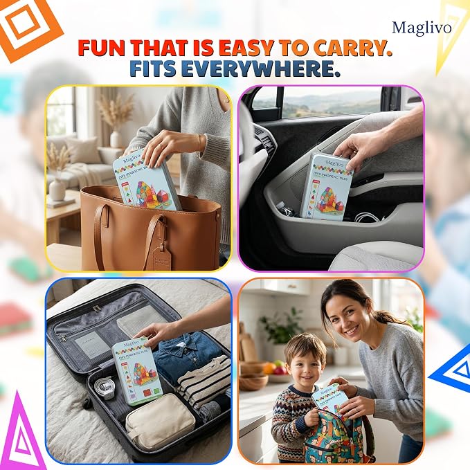 Mini Magnetic Tiles Travel Set 40 Pcs, Our is W/1 Bigger Tile, Mini Magnetic Tiles with Case for Kids- Travel Magnetiles-Magnet Tiles Travel Set