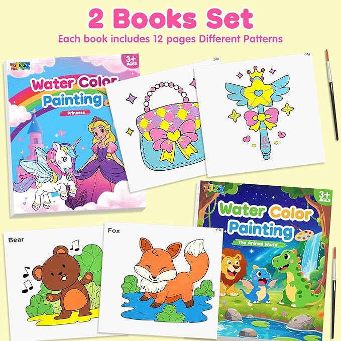 Paint with Water Coloring Books for Kids: 2 Pack Watercolor Painting Books Set for Ages Toddler Girl Boys 3 4 5 6 7 8 Year Old Birthday Gifts - Mess Free Drawing Activity Arts and Crafts Toys Kit