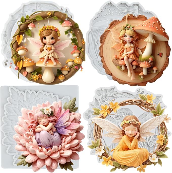 Flower Fairy Polymer Clay Mold Mushroom Elf Butterfly Fairy Elf Girl Silicone Molds for DIY Crafts Resin Casting Mold DIY Craft Air Dry Polymer Clay Tools Jewelry Making Set of 4