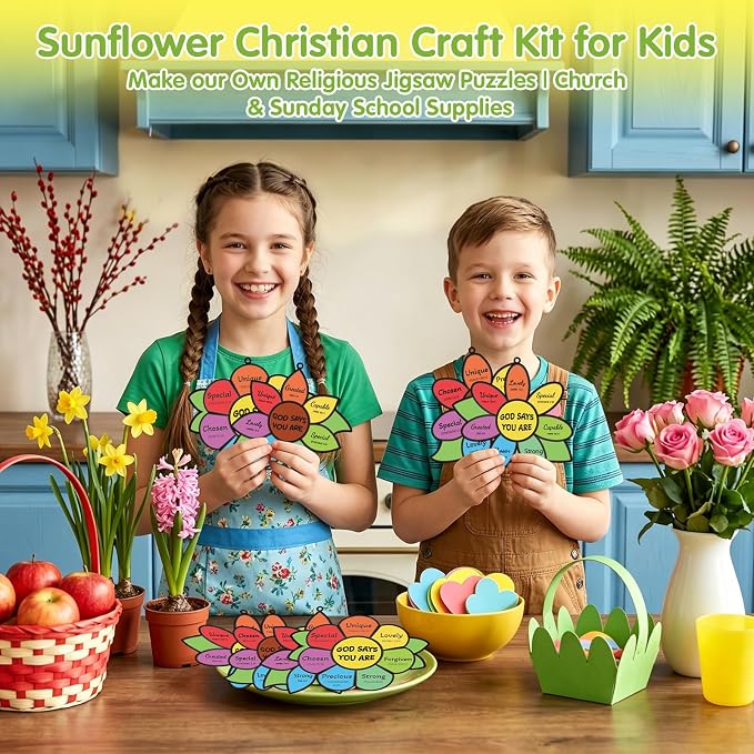 Fennoral 24 Pack Religious Sunflower Crafts for Kids Make Your Own God Says You are Sunflower Suncatchers DIY Christian Bible Verse Ornaments for Sunday School Classroom Activities Church Party Decor
