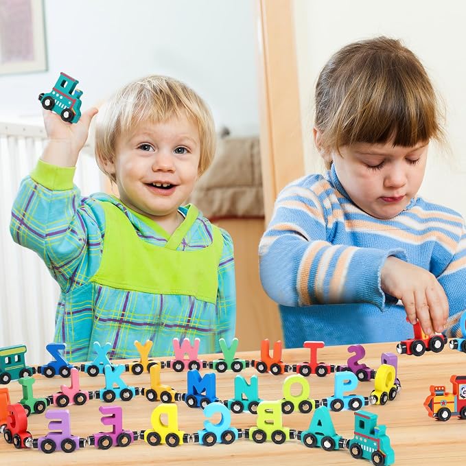 43 Pcs Magnetic Wooden Alphabet Number Trains Set for Kids with 26 Alphabet, 14 Number Trains, 3 Locomotives, Learning Toys for Toddlers Boys Girls Educational Gift for 3-7 Year Olds