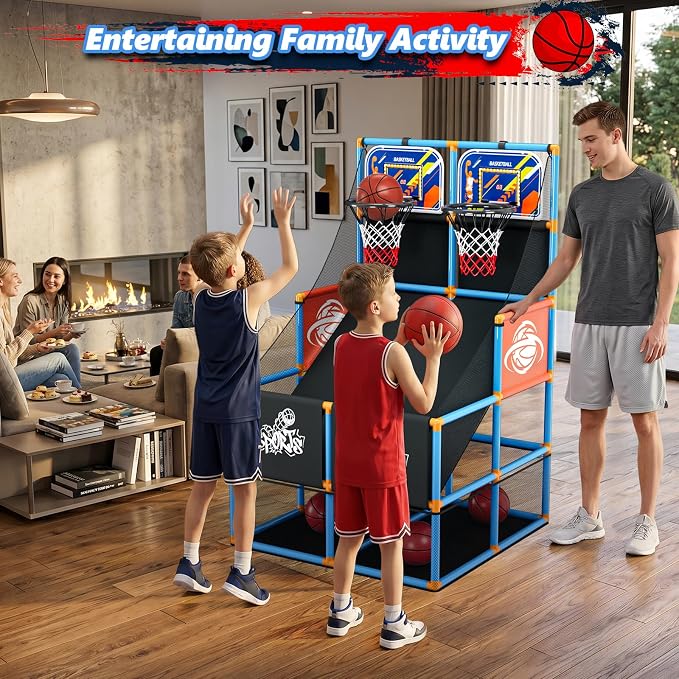 Dual Shot Arcade Basketball Game Set Boy Toys:Kids Basketball Hoop with 6 Balls Electronic Scoreboard LED Light Indoor Outdoor Sports Toy Activities for Boys Girls Birthday Gifts Aged 3-5 6-8 8-12