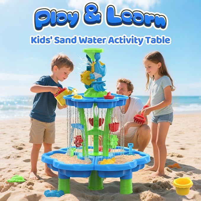 Kids Flower Water Sand Table for Toddlers - 2-Tier Outdoor Water Sand Play Table Toys for Boys Girls, Summer Splash Activity Sensory Table Party Birthday Gift for Kids 3-5 6-12(Blue)