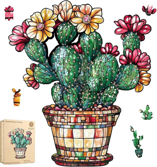 Delobil Stained Glass Cactus Wooden Puzzles for Adults, 500 Pieces Jigsaw Puzzles, Unique Shaped Royal Size Wood Puzzle Gift for Adults and Kids, Family Game 15.2'' x 17.7''