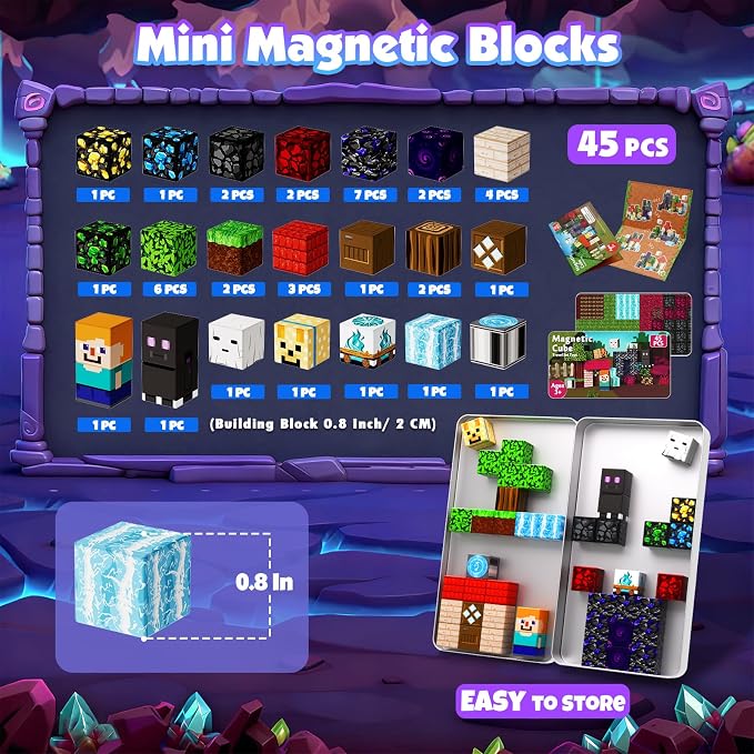 GraceDuck Magnetic Blocks with Iron Box, Obsidian Nether Portal 45 PCS Travel Magnetic Building Blocks, STEM Educational Building Set Construction Toys for Kids Ages 3+, Building Toys