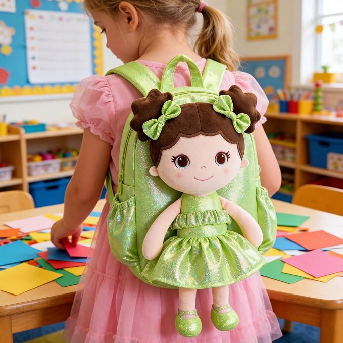 Lazada Toddler Backpack - Baby Girl Gifts Curly Fingerprints Plush Doll Dress Backpack - Fashion Girls Curly Rolled Fingerprints Series - Fluorescent Green 11 Inches