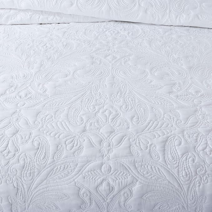 HoneiLife Quilt Set Queen Size - 3 Piece Embroidered Microfiber Bedspread Reversible Coverlet Lightweight Bedcover Paisley Pattern Bedding Set All Season Quilts-White