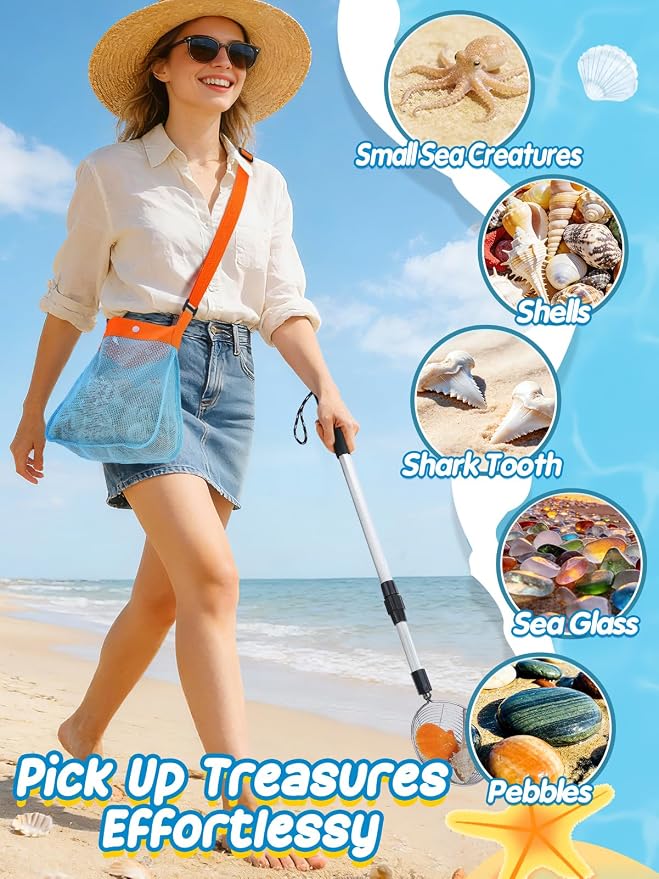 1 Pack Sand Sifter with Seashell Bag- 21.6"~33" Adjustable Shark Tooth Sifter & Sea Shell Bags for Beach Seashell Collecting, Shelling Tools Scooper with Retractable Handle, Beach Toys for Adults Kids