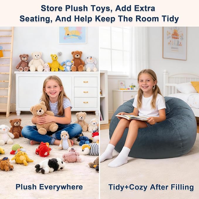 Lukeight Stuffed Animals Storage Bean Bag Chair Cover for Kids and Toddlers, Cozy Velvet Plush Toy Organizer Seat, Cover Only, No Filling Included, Long YKK Zipper, Side Pocket, Large 27 x 16 in