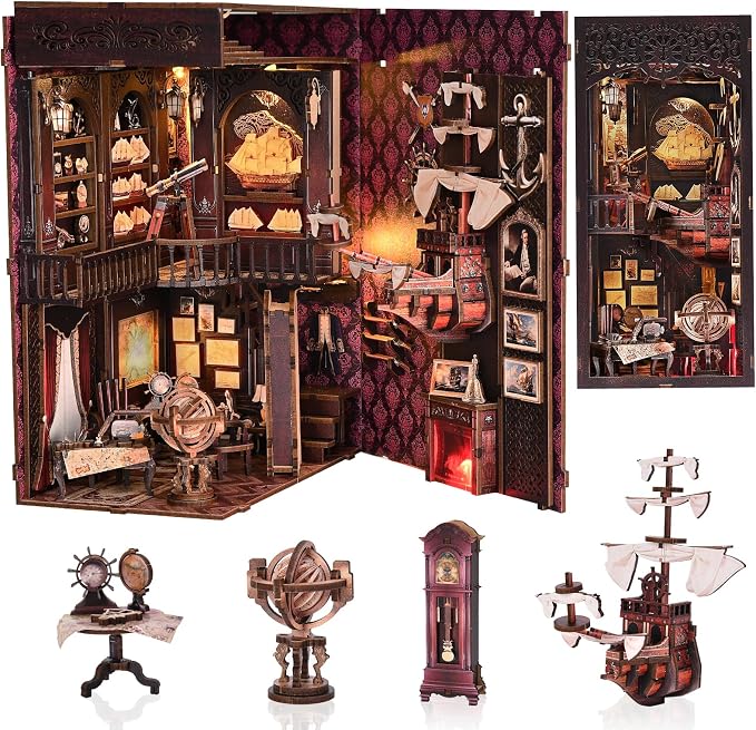 TOYQI Book Nook Kit, Book Nook Kits for Adults | DIY Miniature Dollhouse Kit 3D Wooden Puzzle Booknook Bookend with LED Light