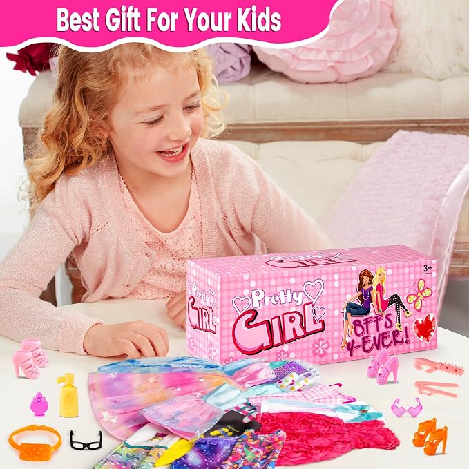 110 Pcs Doll Clothes and Accessories Dress up Toys for Girls with Wedding Dresses, Casual Dresses, Casual Jumpsuit, Swimsuits Bikini, Glasses, Shoes, Hangers, Doll Clothes Toys for Girl Gift