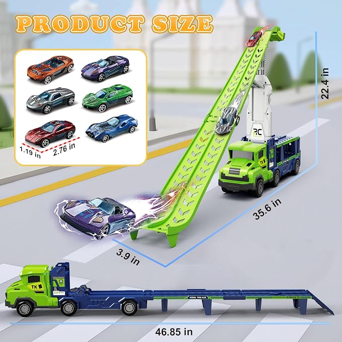 Truck Car Toys for 3, 4, 5, 6, 7, 8 Years Old Kids, Carrier Truck Race Track Toys, Foldable Transport Car Toys with 2 Foldable Race Tracks, 6 Metal Cars, Birthday Gifts for Toddler Boys Girls