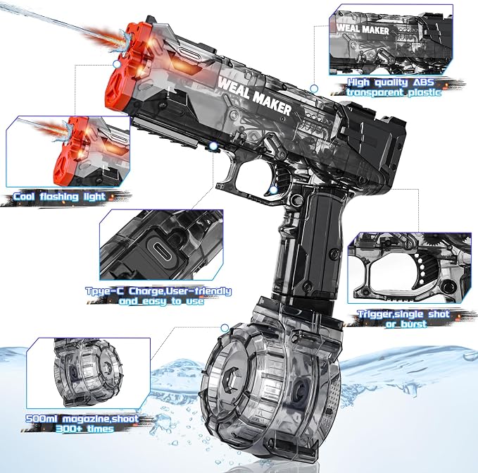 Electric Water Gun with LED Flash & USB-C Charging, Designed for Epic Aquatic Fun, Automatic Squirt Guns 25-30 FT Range, Water Pistol for Summer Outdoor Backyard Water Theme Party Toys