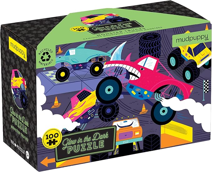 Mudpuppy Monster Trucks – 100 Piece Glow in The Dark Jigsaw Puzzle with an Exciting Scene of Trucks and Cars Racing and Hidden Speedy Details in The Dark