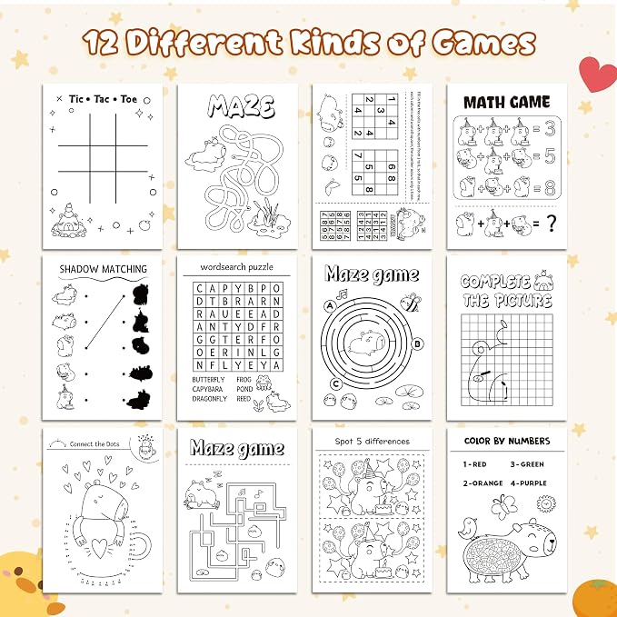 CAPY Activity Books for Kids - 24Pcs Cute CAPY Mini Games Coloring Book Set Bulk Cartoon Animal Mazes Word Search Word Scramble Games for Party Favor Supplies Birthday Gift Goodie Bag Filler